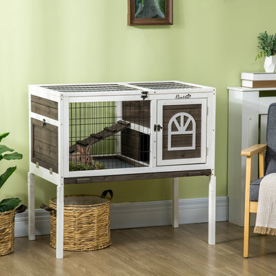PawHut Wooden Rabbit Hutch, Guinea Pig Cage, with Removable Tray, Openable Roof 