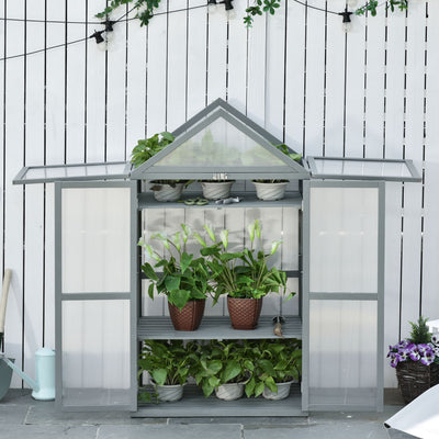 Outsunny Garden Cold Frame Polycarbonate Greenhouse with Adjustable Shelves, Double Doors, Openable Top Covers, Grow House for Flower Vegetable Plants, 80 x 47 x 138cm, Grey 