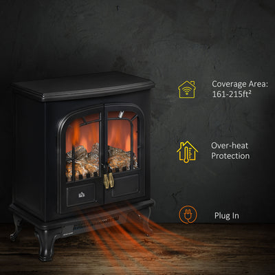 HOMCOM Electric Fireplace Stove Heater with LED Fire Flame Effect, Double Door, Freestanding & Portable with Overheat Protection, 1000W/2000W, Black 