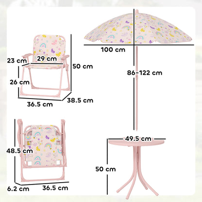 AIYAPLAY 4 Pieces Kids Garden Table and Chair Set with Adjustable Parasol, Folding Chairs, Table, Rainbow Pattern, Pink 