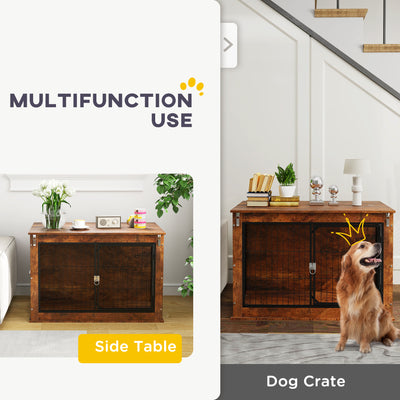 PawHut Dog Crate Furniture with Flip-up Top, 2 Doors, for Large Dogs, 98 x 60 x 65.5cm, Rustic Brown 