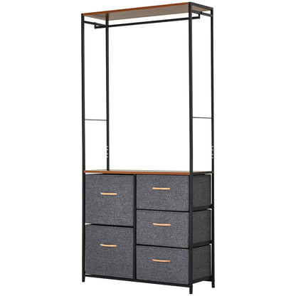 HOMCOM Chest of Drawers with Coat rack Steel Frame 5 Drawers  Bedroom Hallway Home Furniture Black Brown 