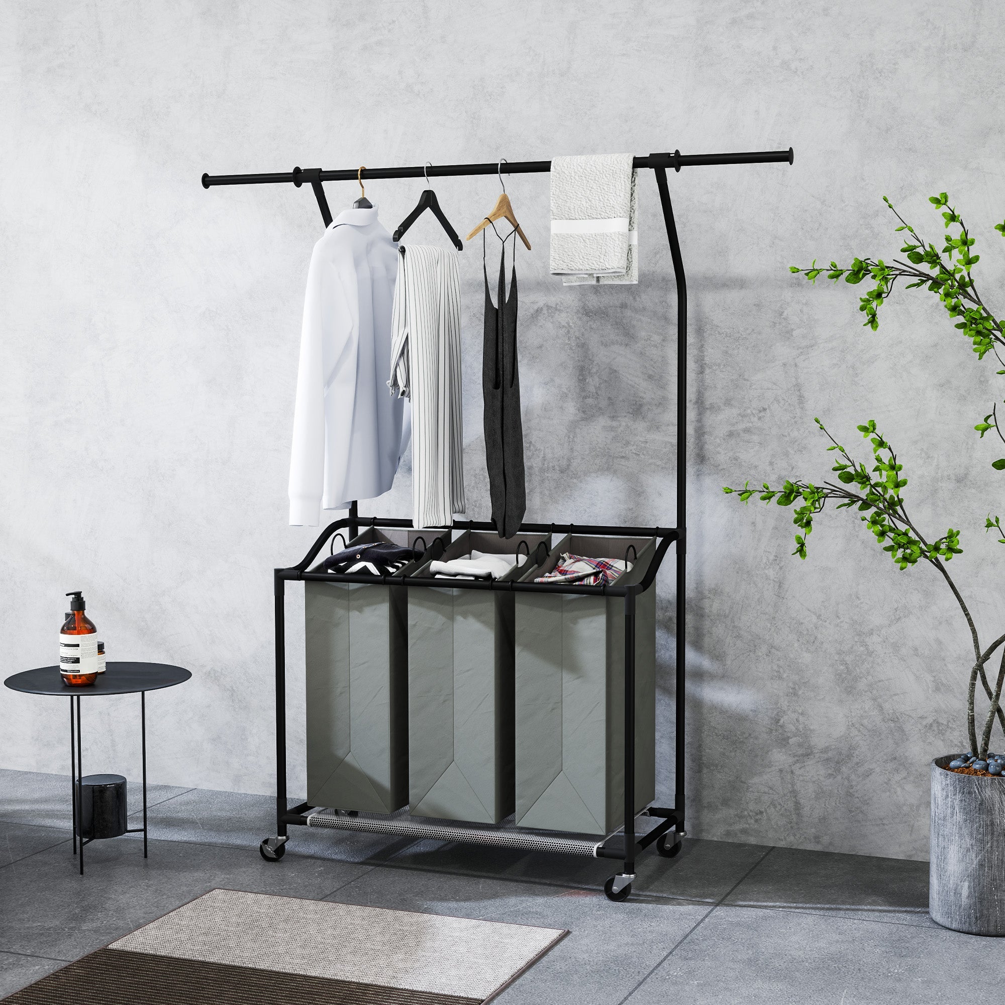HOMCOM 126L Laundry Sorter, Rolling Wash Basket with Hanging Rail and Mobile 3-Bag Organiser for Bedroom, Bathroom, Laundry Room, 88-149.5L x 40W x 167H cm, Dark Grey 