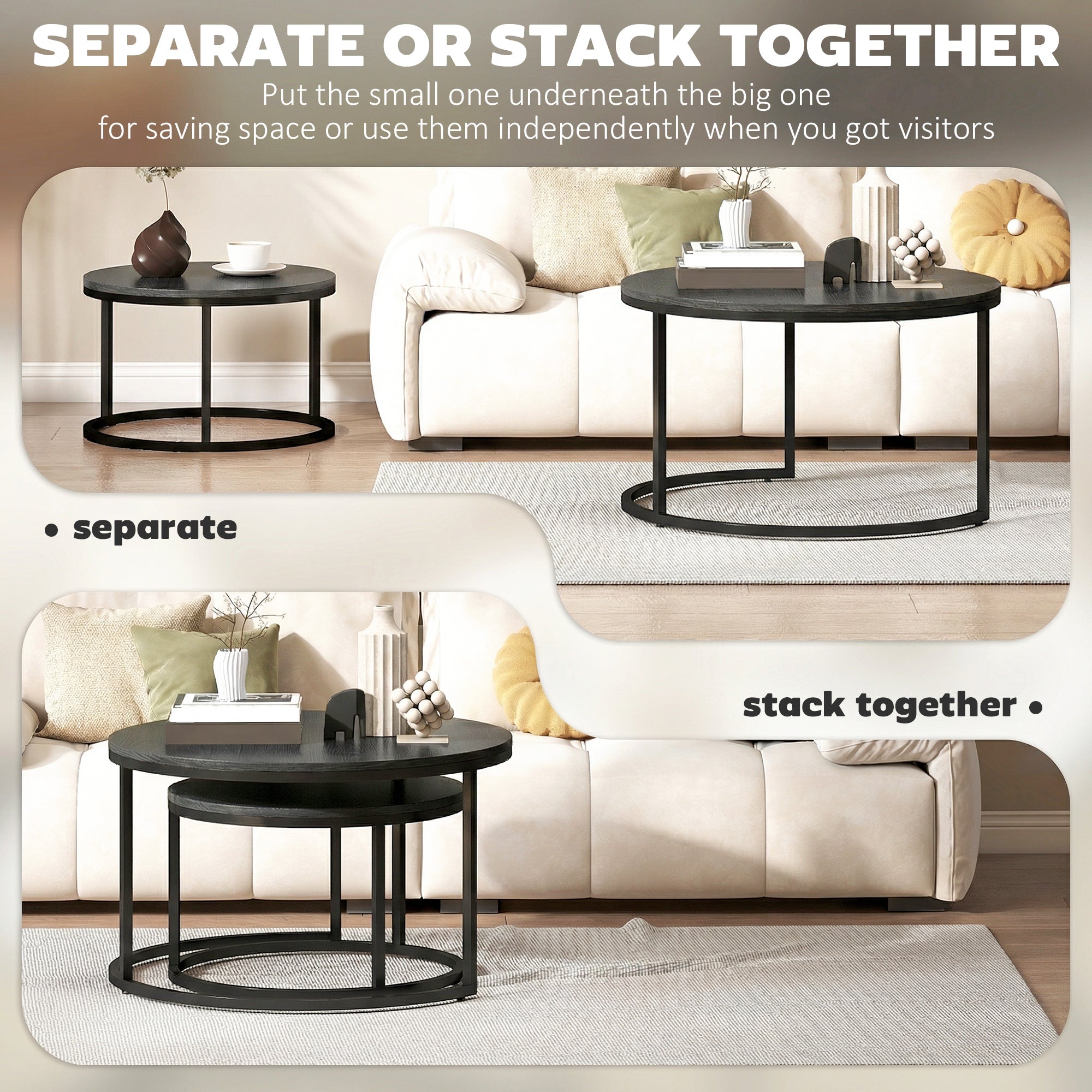 HOMCOM Set of Two Wood-Effect Stacking Tables - Black Wood Grain 