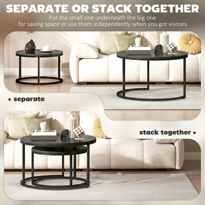 HOMCOM Set of Two Wood-Effect Stacking Tables - Black Wood Grain 