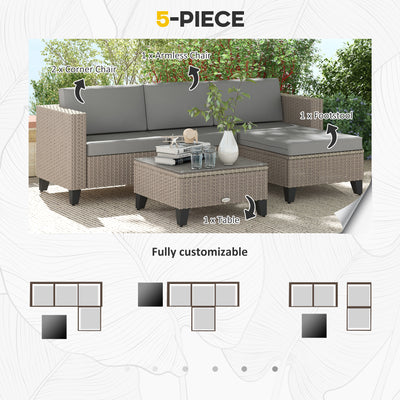 Outsunny 5-Piece Rattan Patio Furniture Set with Corner Sofa, Footstools, Coffee Table, for Poolside, Brown 