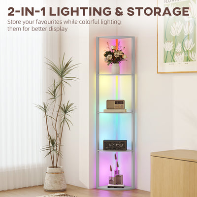 HOMCOM RGB LED Floor Lamp with Shelves, 5-Tier Dimmable Standing Lamp with Adjustable Brightness and Remote Control, Modern Corner Display Shelf Unit for Living Room Bedroom Office, Grey 