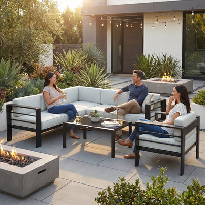 Outsunny 5-Piece Garden Corner Sofa Set with Cushions, 6 Seater Aluminium Garden Furniture Set with Coffee Table, Light Grey 