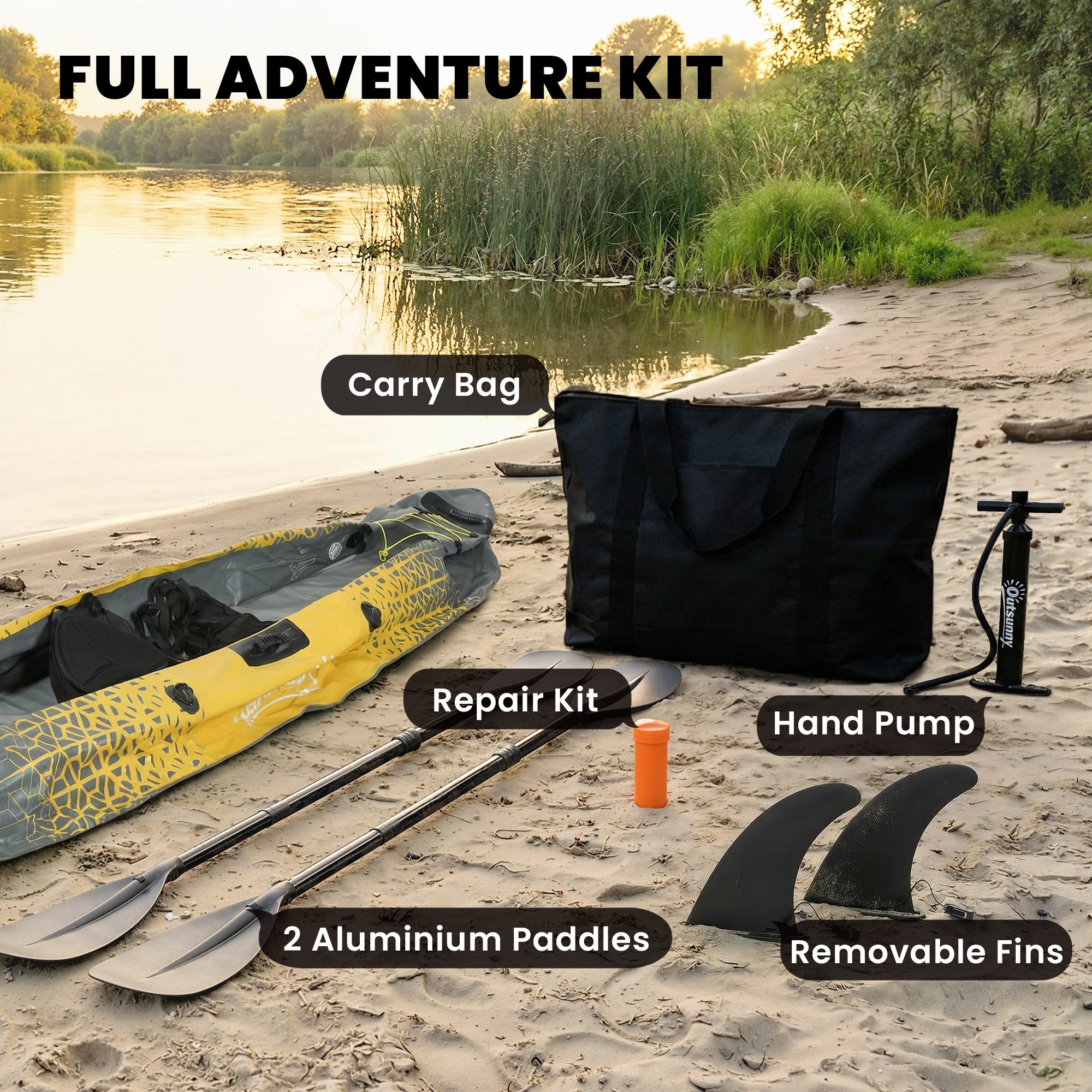Outsunny 12.5' Inflatable Kayak Set, 2-person Sit on Canoe with Aluminium Oars, Grey and Yellow 