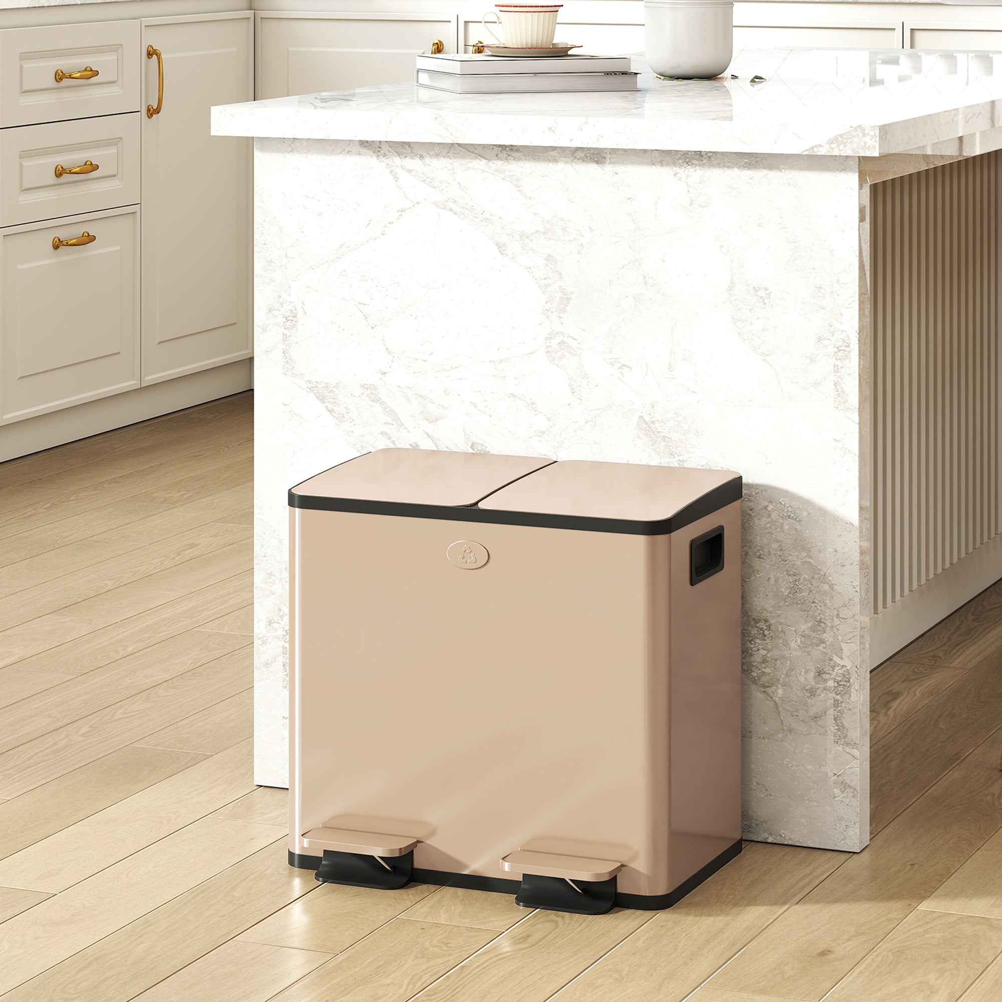HOMCOM 30L Dual Compartment Stainless Steel Bin, with Deodoriser Holders - Gold Tone 