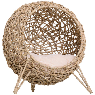 PawHut Wicker Cat Bed, Ball-Shaped Rattan Elevated Cat Basket with Three Tripod Legs, Cushion - Natural Wood Finish 