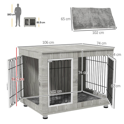PawHut Indoor Dog Kennel w/ Soft Cushion, Double Door for Large Dogs, 106 x 74 x 81.5cm, Grey 