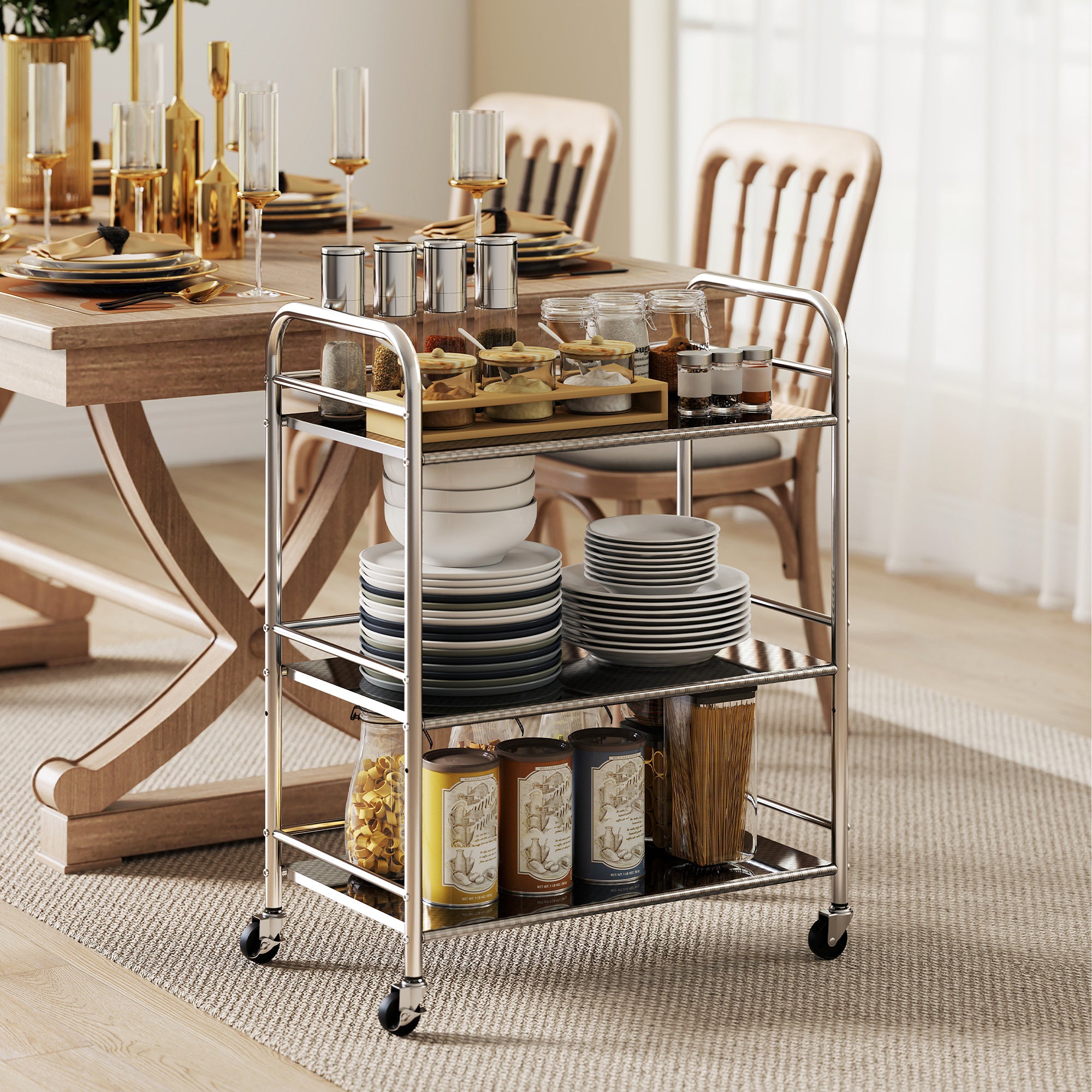 HOMCOM 3 Tier Stainless Steel Kitchen Storage Trolley with Adjustable Shelf - Silver 