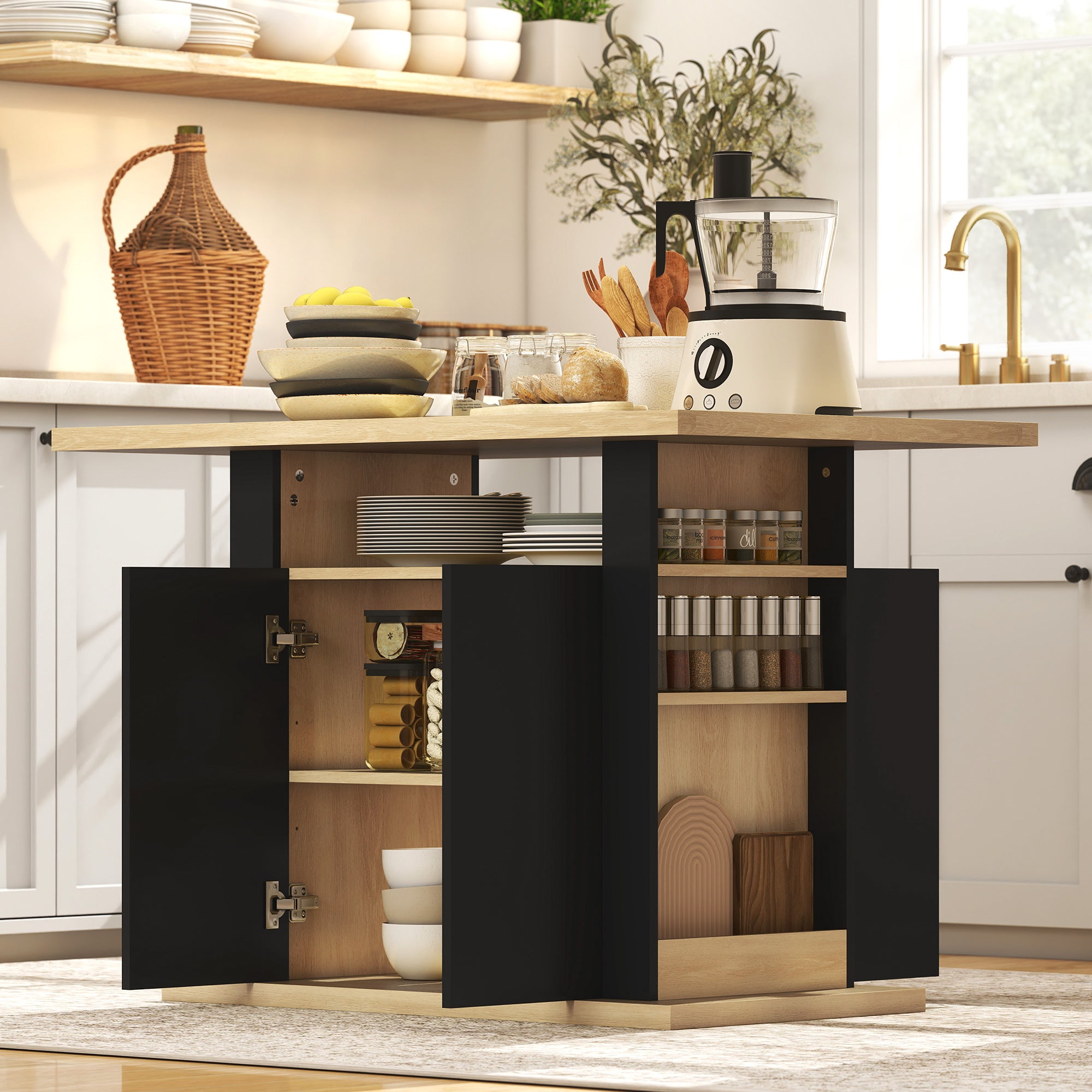 HOMCOM Kitchen Island with Spice Rack, Kitchen Storage with Large Tabletop for 4 People, Adjustable Shelves Black & Natural 