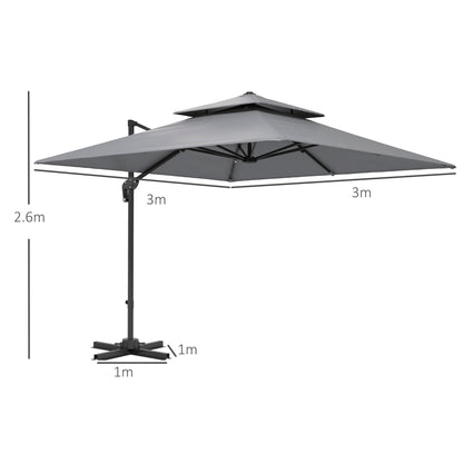Outsunny 3 x 3(m) Cantilever Parasol with Aluminium Frame, Crank and Tilt, 360\'c2\'b0 Rotation, Double Top Garden Umbrella with Base and Cover, Light Grey