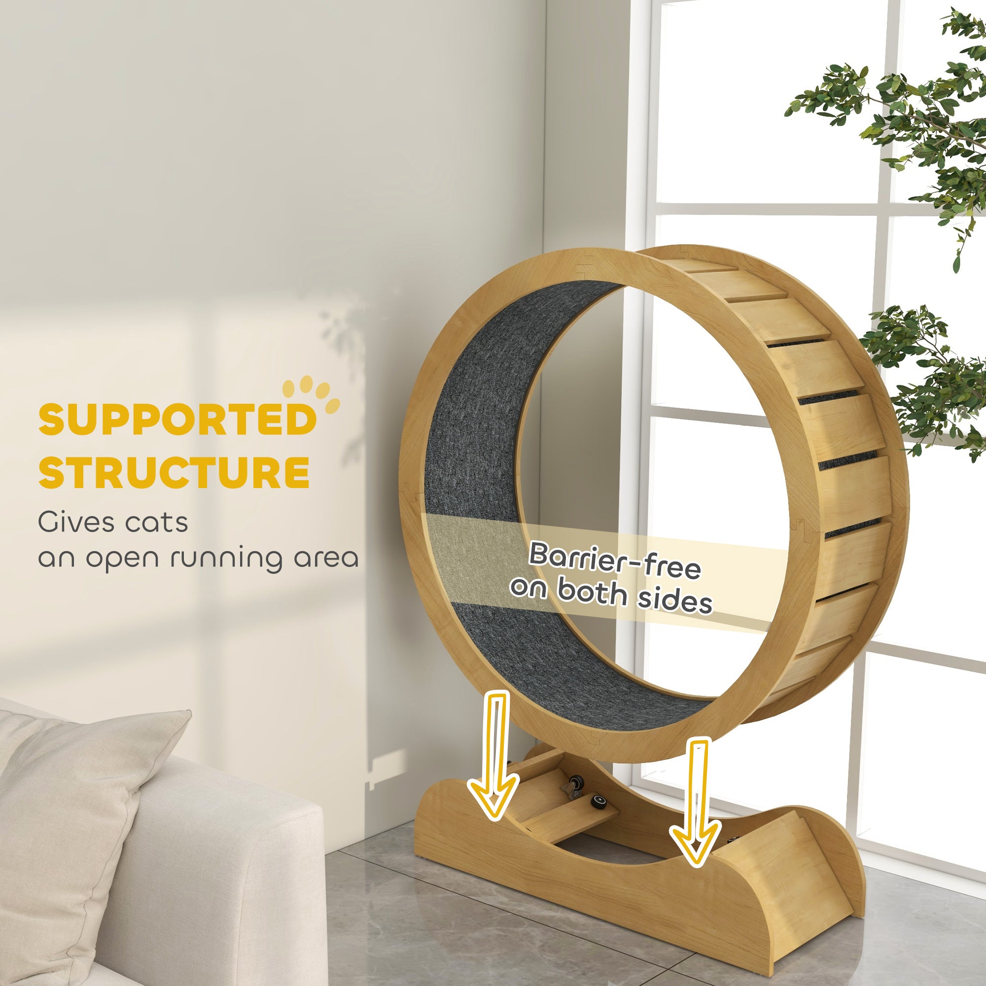 PawHut 39.4" Wooden Cat Running Wheel with Brake, Natural 