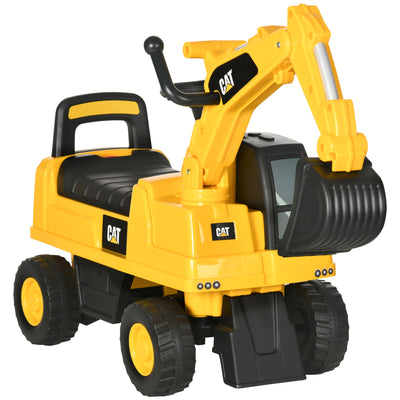 HOMCOM CAT Licensed Kids Ride on Digger Toddler Pretend Construction Play Toy Foot-To-Floor Ride-On Toy w/ Manual Shovel, Horn, Hidden Storage, for Ages 1-3 Years 