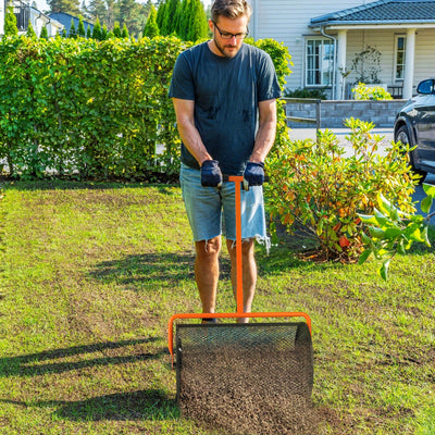 Outsunny Compost Spreader, 24" Peat Moss Spreader with Height Adjustable T Shaped Handle and Metal Mesh Basket, Garden Spreader for Seeding, Spreading Manure, Orange 