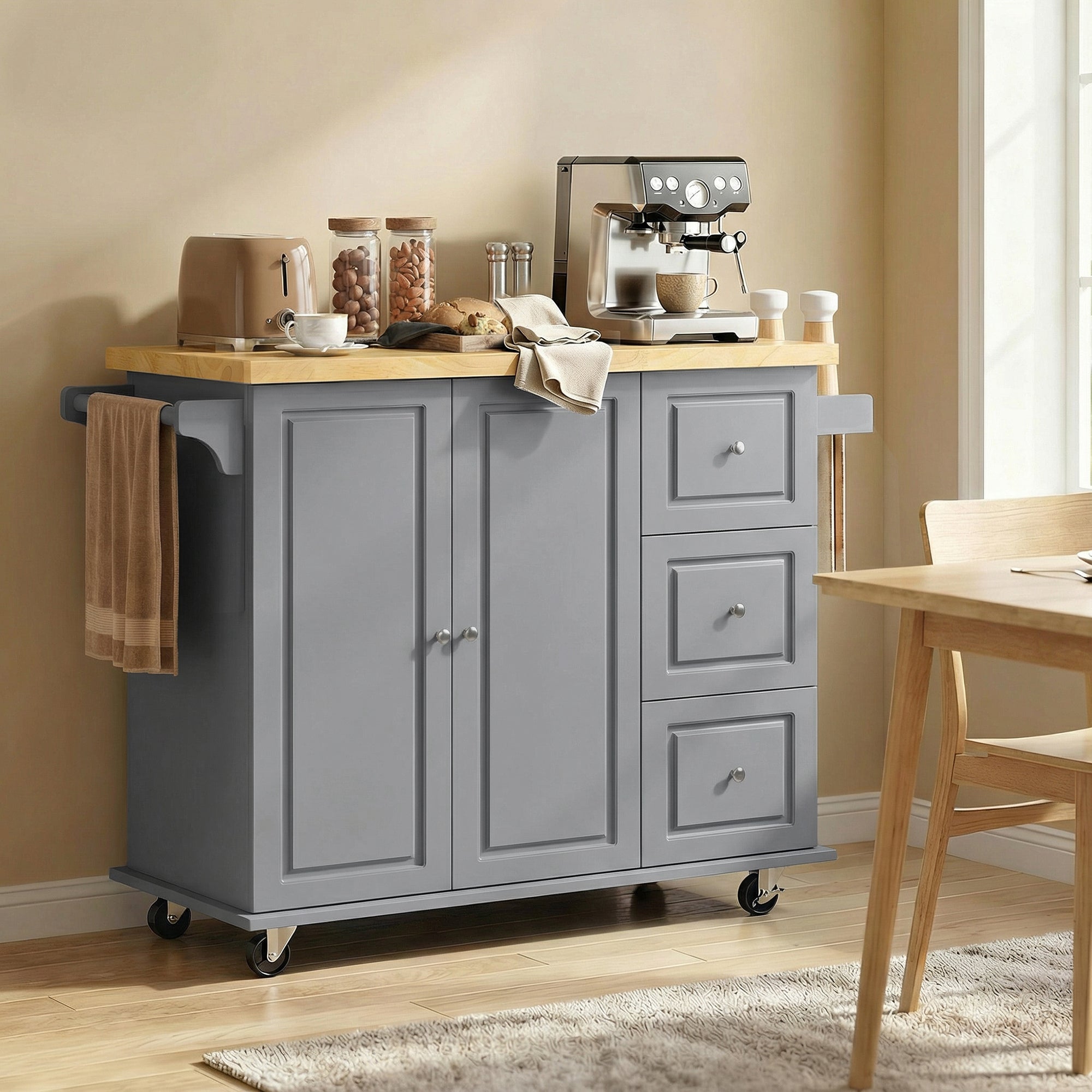 HOMCOM Kitchen Island on Wheels, Rolling Kitchen Storage Trolley with Drop Leaf, Drawers, Towel and Spice Rack, Grey 