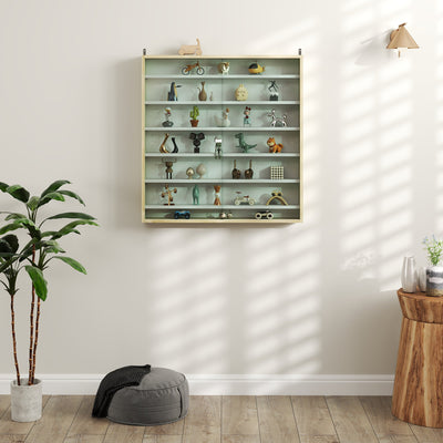 HOMCOM 7-Tier Wall Display Shelf Unit Cabinet w/ 6 Adjustable Shelves Glass Doors Home Office Ornaments 83x80cm, Oak 