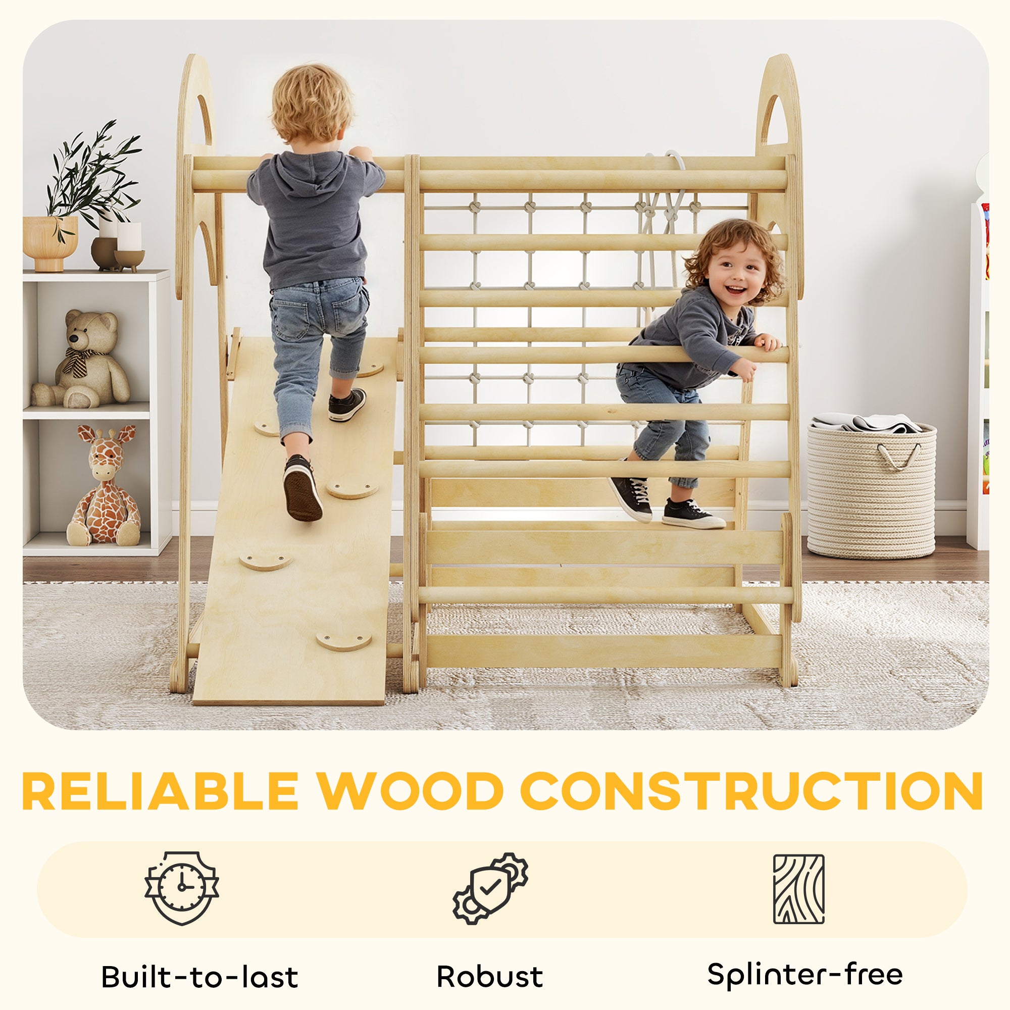 AIYAPLAY 6 in 1 Kids Climbing Frame with Slide, Monkey Bars, Gymnastics Rings, Ladder, Climbing Net, for 3-6 Years, Natural Tone 