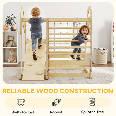 AIYAPLAY 6 in 1 Kids Climbing Frame with Slide, Monkey Bars, Gymnastics Rings, Ladder, Climbing Net, for 3-6 Years, Natural Tone 
