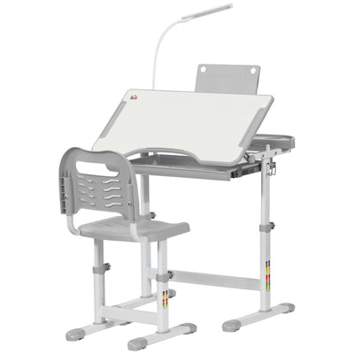 HOMCOM Kids Study Desk and Chair Set w/ Adjustable Height, Storage, Drawer, Grey 