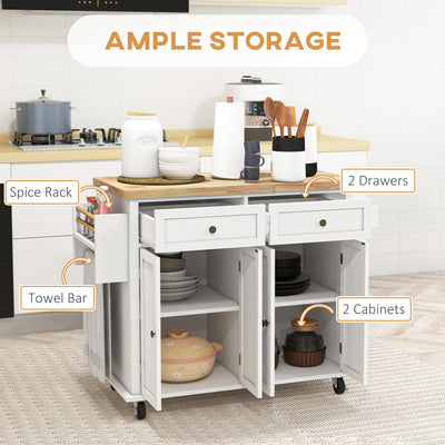 HOMCOM Rolling Kitchen Island Storage Trolley with Rubber Wood Top & Drawers for Dining Room, White 