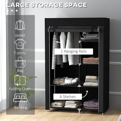 HOMCOM Fabric Wardrobe, Portable Wardrobe with 6 Shelves, 1 Hanging Rail, Foldable Closets, 103 x 43 x 162.5 cm, Black 