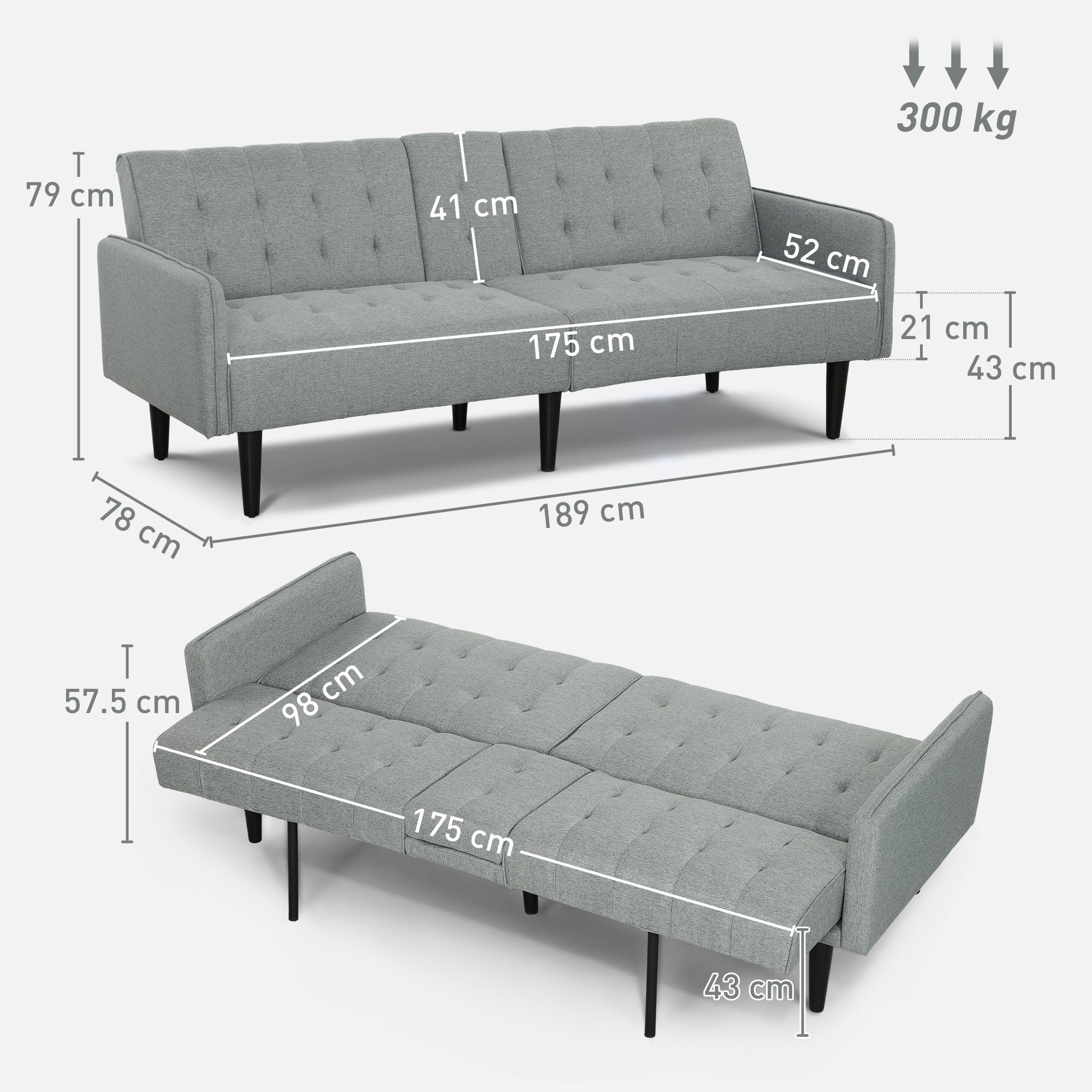 HOMCOM Upholstered Click Clack Sofa Bed, Linen-Feel 3 Seater Sofa Bed with Storage and Cupholders, Light Grey