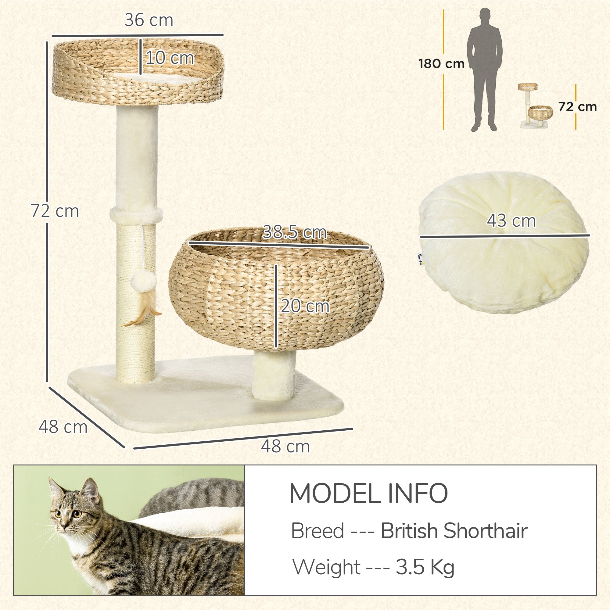 PawHut 72cm Cat Tree Kitten Tower, with Sisal Scratching Post, Two Beds, Toy Ball 