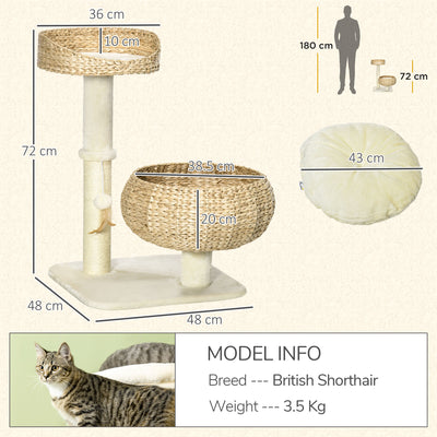 PawHut 72cm Cat Tree Kitten Tower, with Sisal Scratching Post, Two Beds, Toy Ball 