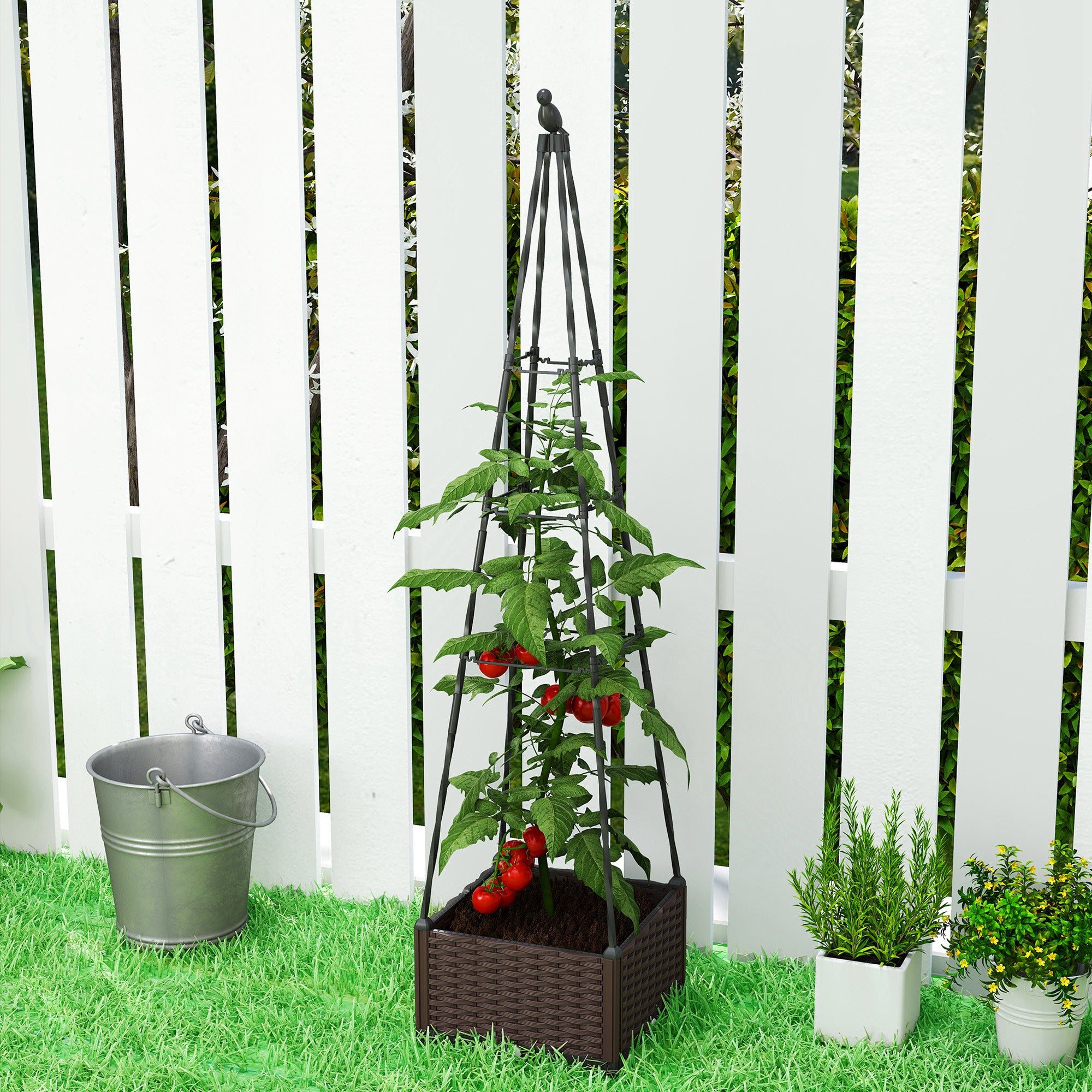 Outsunny Raised Bed for Garden, Raised Garden Bed Planter Box with Trellis, Self Watering, Drainage Holes and Plugs 