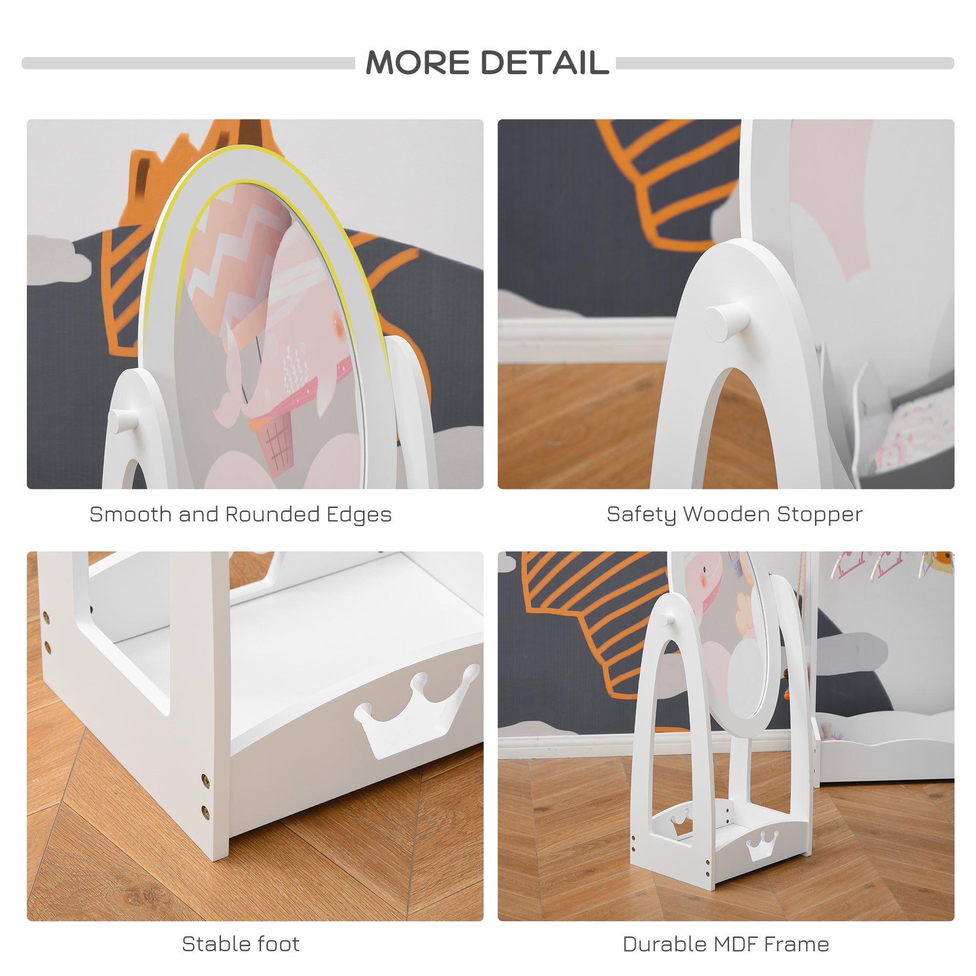 HOMCOM Free Standing Full Length Mirror, Child's Dressing Mirror with storage shelf, Children's White Bedroom Furniture 360° Rotation MDF, For 3- 8 Years Old, 40L x 30W x 104H cm 