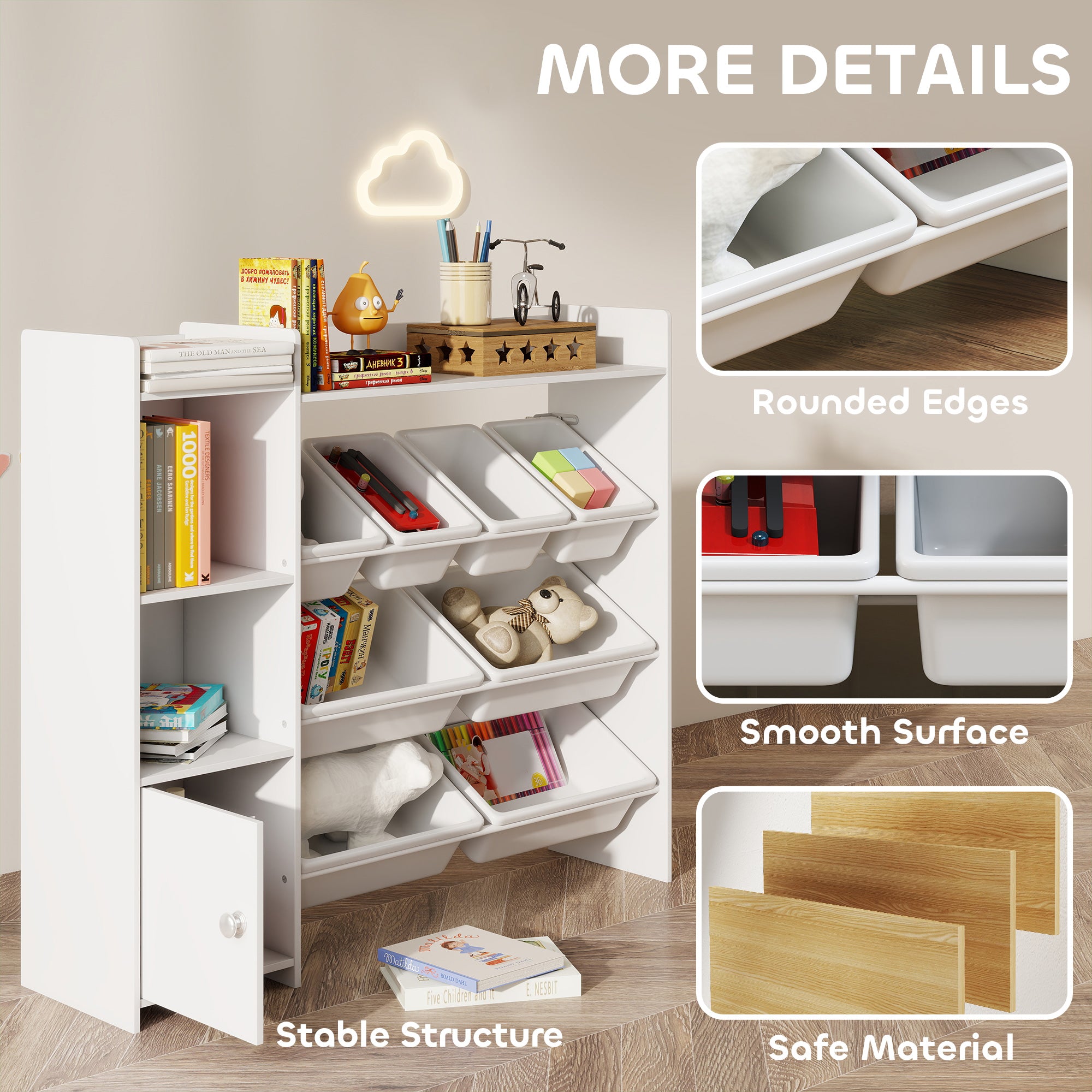 AIYAPLAY Toy Storage Unit with 8 Removable Bins, Storage Shelves, Cabinet, White 