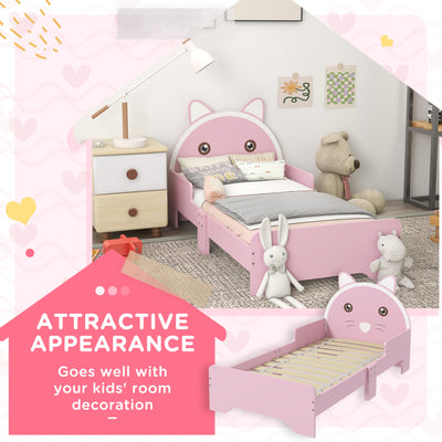 ZONEKIZ Bed for Kids Cat Design Toddler Bed Frame Bedroom Furniture with Guardrails, for 3-6 Years, 143L x 74W x 72Hcm - Pink 