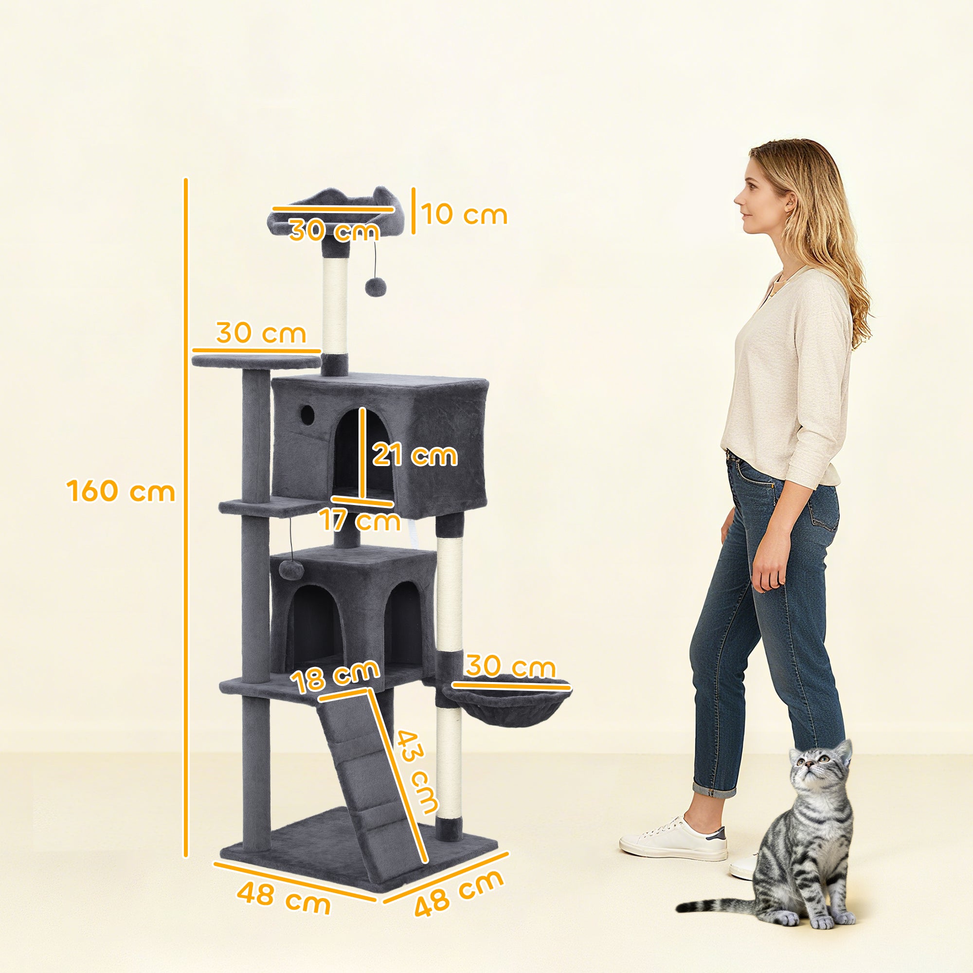 PawHut 160cm Large Cat Tree Tower with Sisal Scratching Posts, Condos, Plush Perches, Hammock, Ladder, Dark Grey 