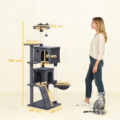 PawHut 160cm Large Cat Tree Tower with Sisal Scratching Posts, Condos, Plush Perches, Hammock, Ladder, Dark Grey 
