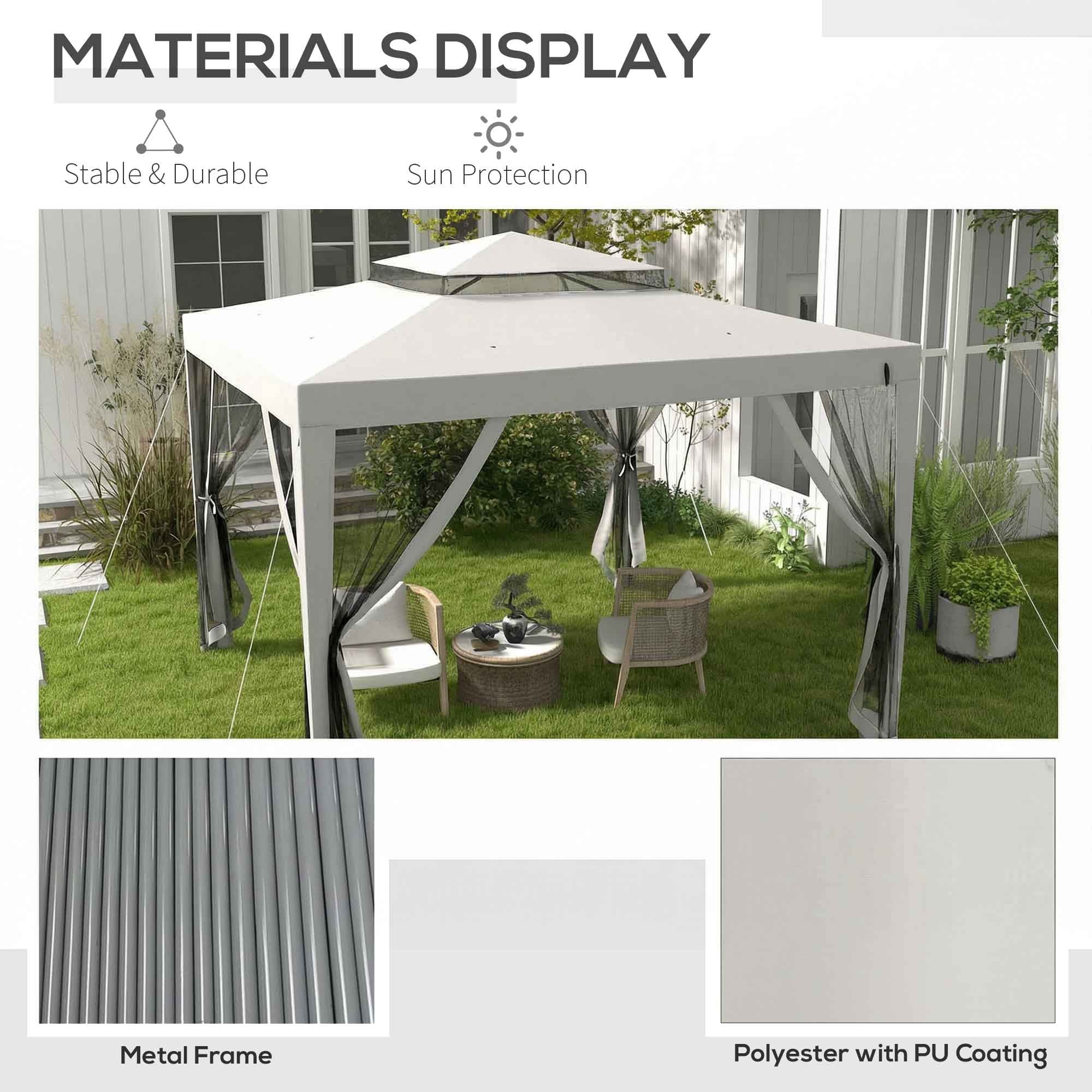 Outsunny 3 x 3 m Gazebo, Netting Party Tent, Patio Canopy Outdoor Event Shelter with Double Tier Roof, Light Grey 