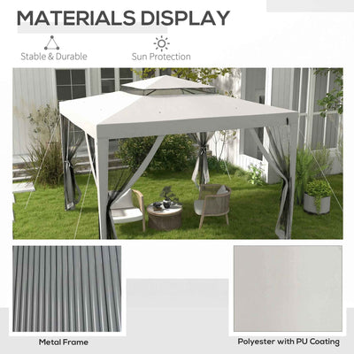 Outsunny 3 x 3 m Gazebo, Netting Party Tent, Patio Canopy Outdoor Event Shelter with Double Tier Roof, Light Grey 
