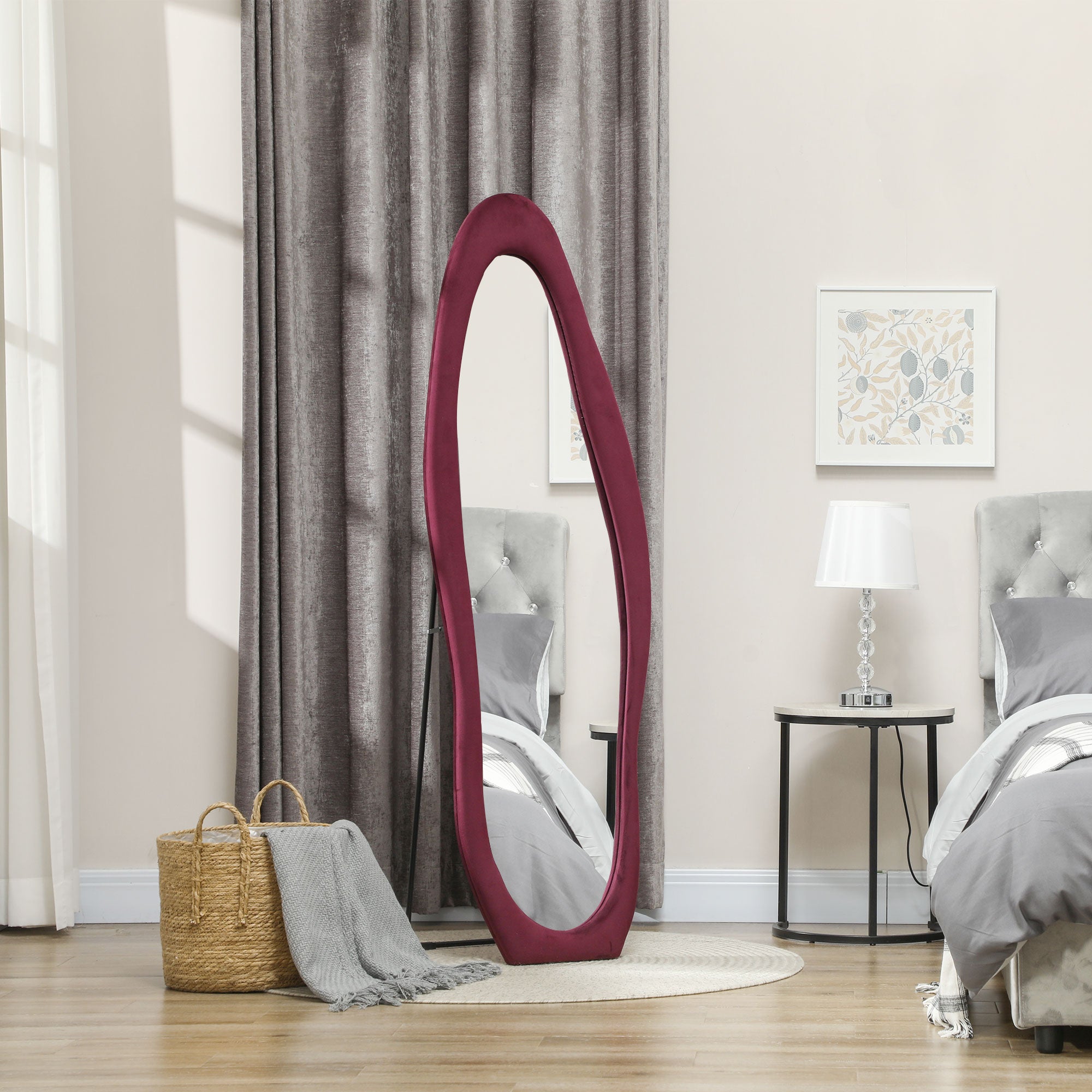 HOMCOM Wavy Velvet-Feel Full Length Mirror - Wine Red 