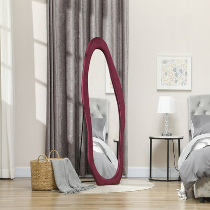 HOMCOM Wavy Velvet-Feel Full Length Mirror - Wine Red 