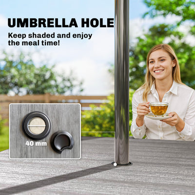 Outsunny Garden Dining Table for 4, 85 cm Square Outdoor Table with Umbrella Hole, Faux Wood Top, Metal Legs, Light Grey 