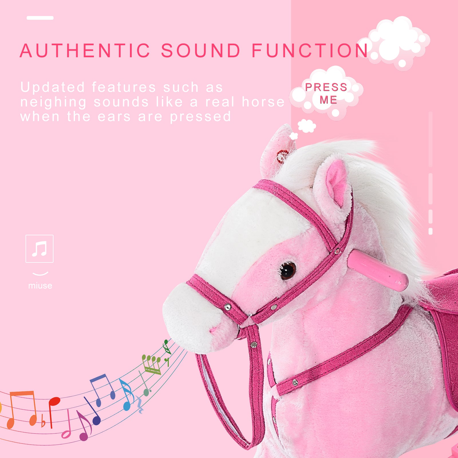 HOMCOM Baby Rocking Horse Plush Ride on Animals Rocker with Sound Handle Grip for Kids 3-6 Years - Pink 