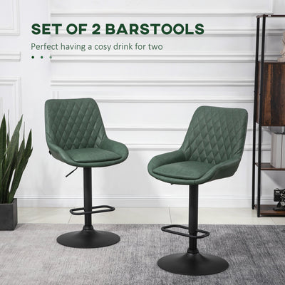 HOMCOM Retro Bar Stools Set of 2, Adjustable Kitchen Stool, Upholstered Bar Chairs with Back, Swivel Seat, Green 