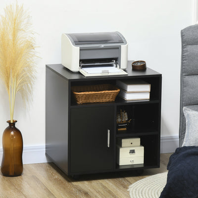 HOMCOM Multi-Storage Printer Stand Unit Office Desk Side Mobile Storage w/ Wheels Modern Style 60L x 50W x 65.5H cm - Black 