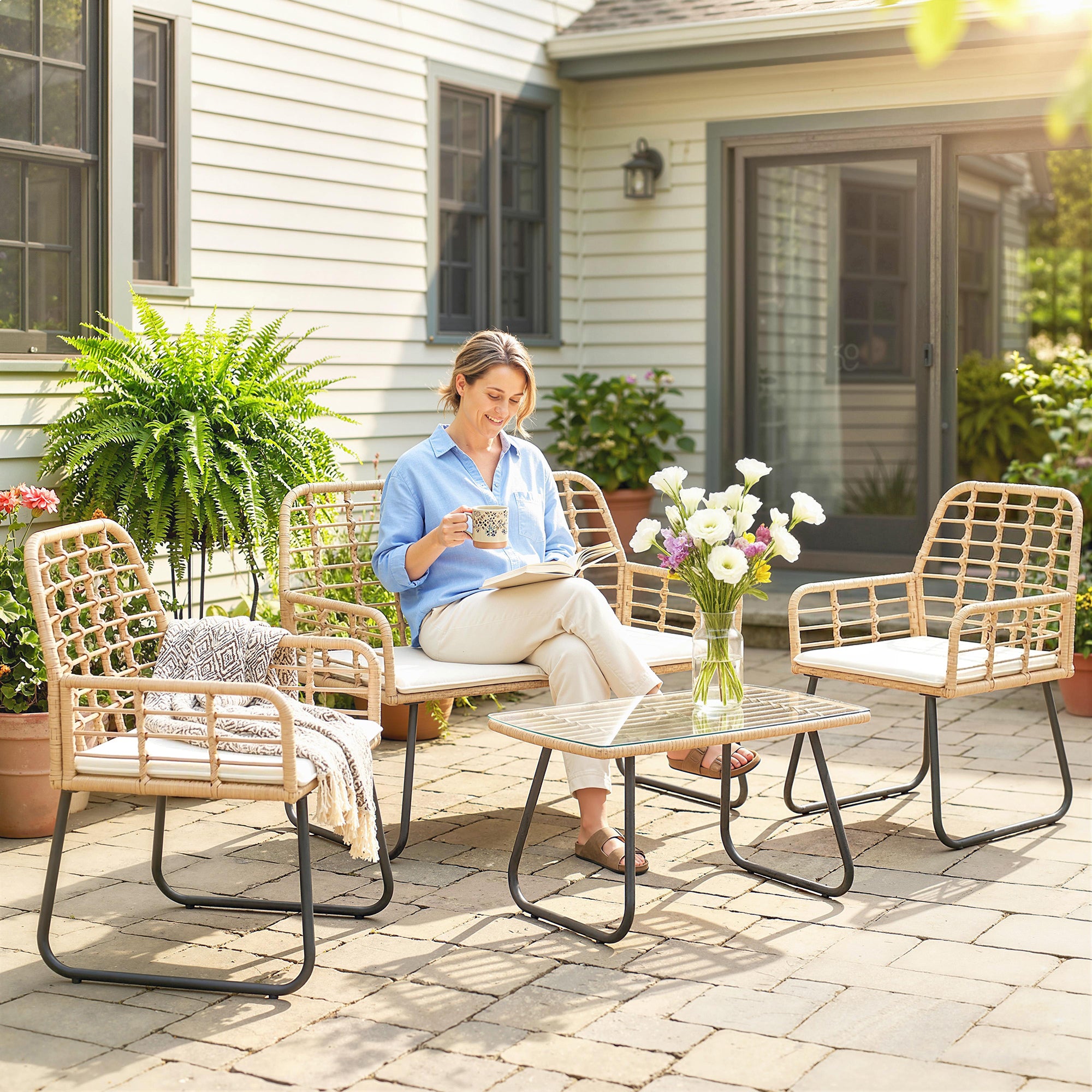 Outsunny 4 Piece Rattan Garden Furniture Set, Outdoor Patio Furniture with Loveseat, Armchairs and Coffee Table 