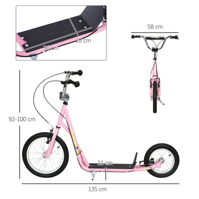 HOMCOM Kids Scooter, Teen Kick Scooter with Rubber Wheels, 16" Front Wheel, Height Adjustable Handlebar, Dual Brakes, Kick Stand, for 5+ Years, Pink 