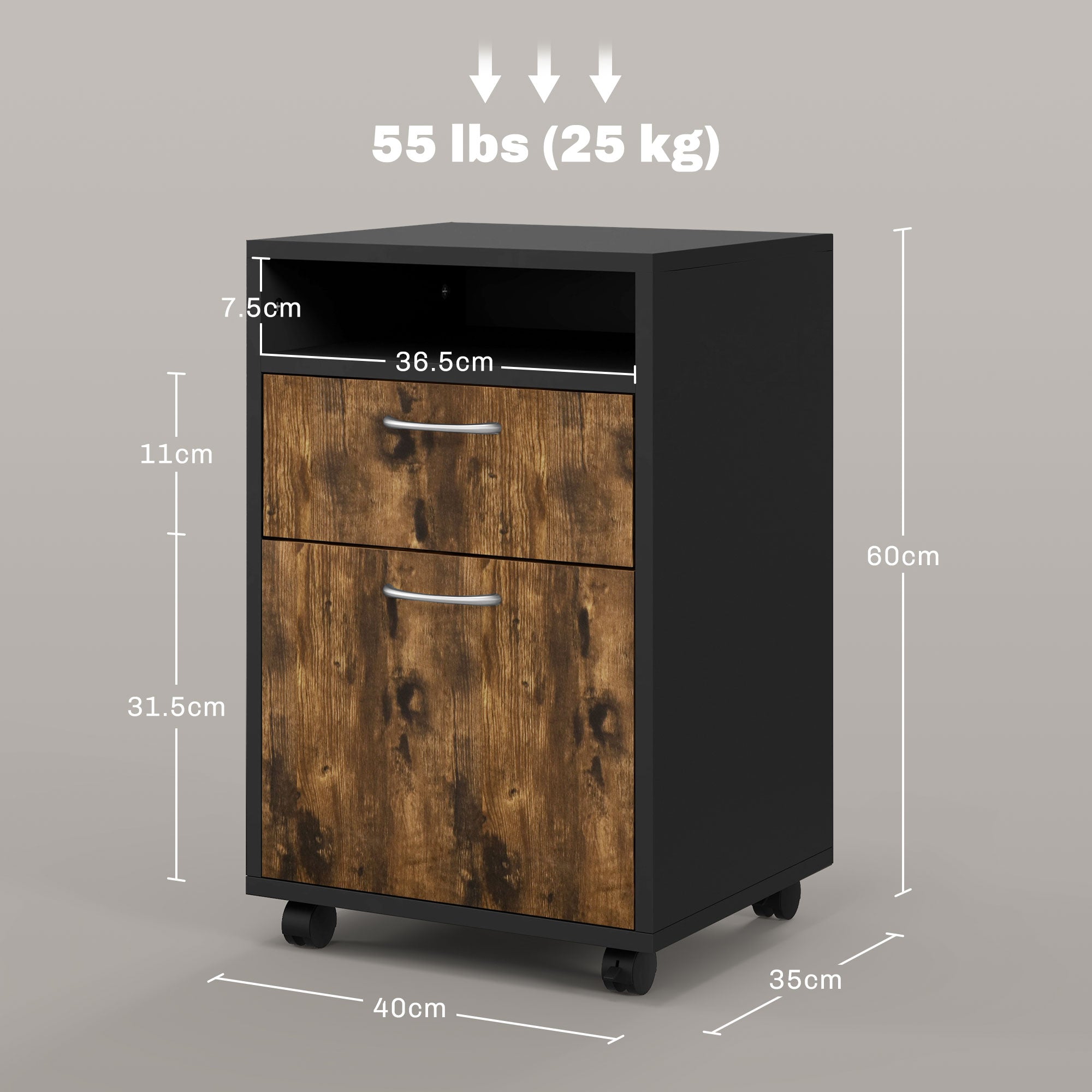 HOMCOM 60cm Filing Cabinet with Drawer, Open Shelf, Metal Handles and 4 Wheels, Office Home Organiser Mobile Printer, Rustic Brown 
