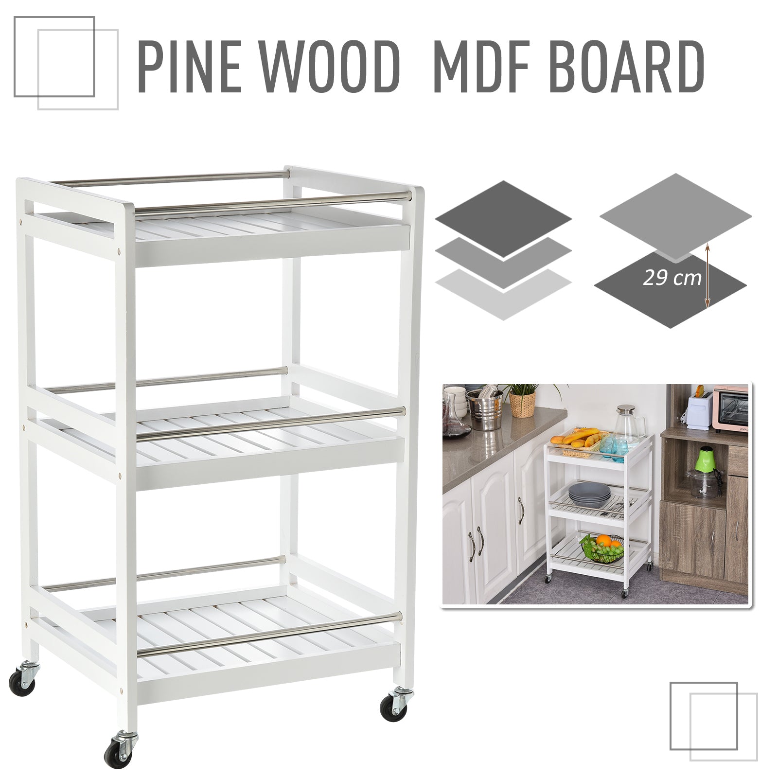 HOMCOM 3-Tier Home Trolley Kitchen Storage Cart w/ Steel Bars 4 Universal Wheels Rolling Unit Organiser Living Room White 